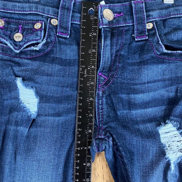 True Religion Womens Jeans Blue Denim Purple Stitching Distress Capri Stretch 26 - Picture 7 of 11